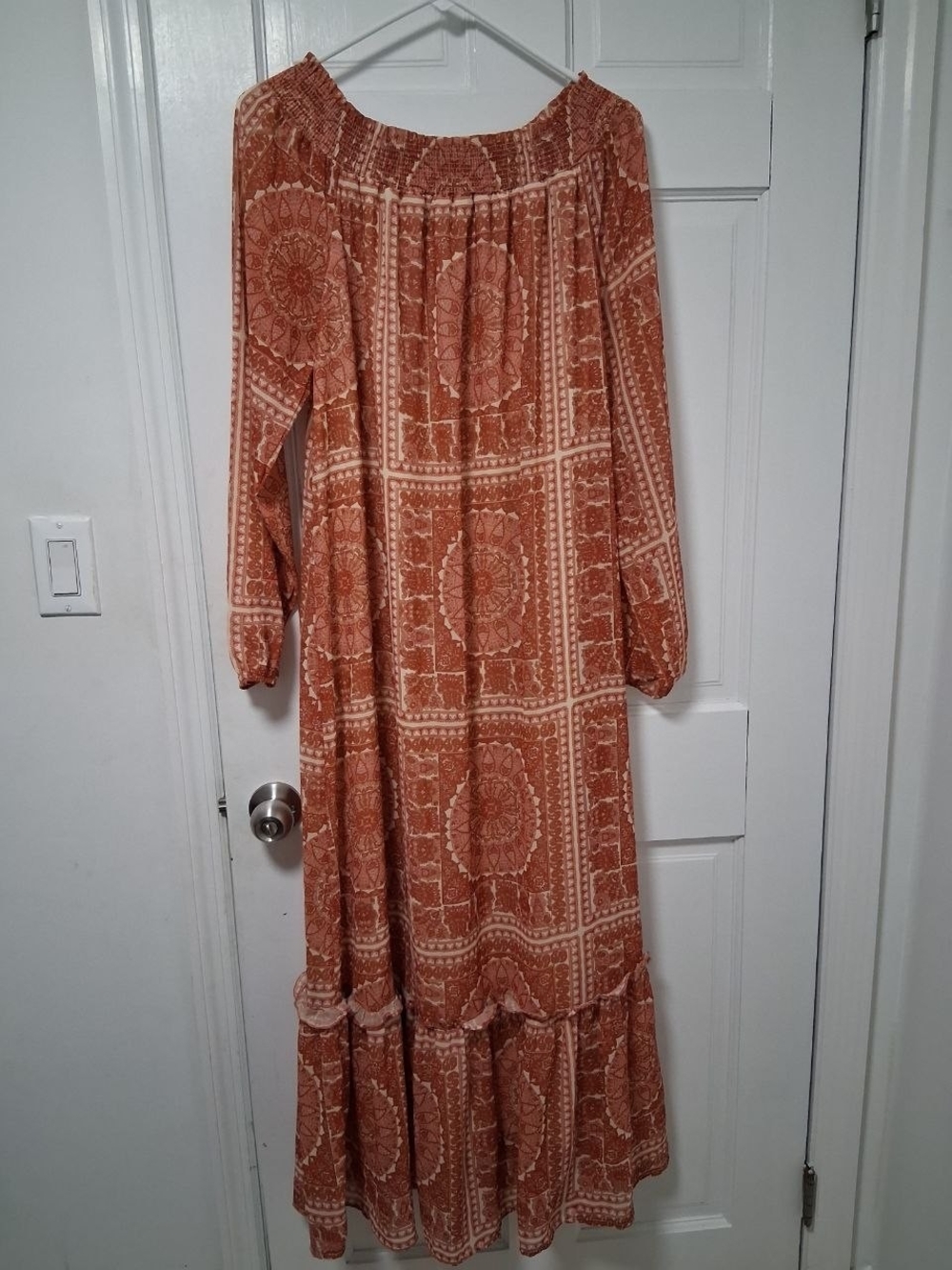 Rust Orange Printed Peasant Maxi Dress - Women